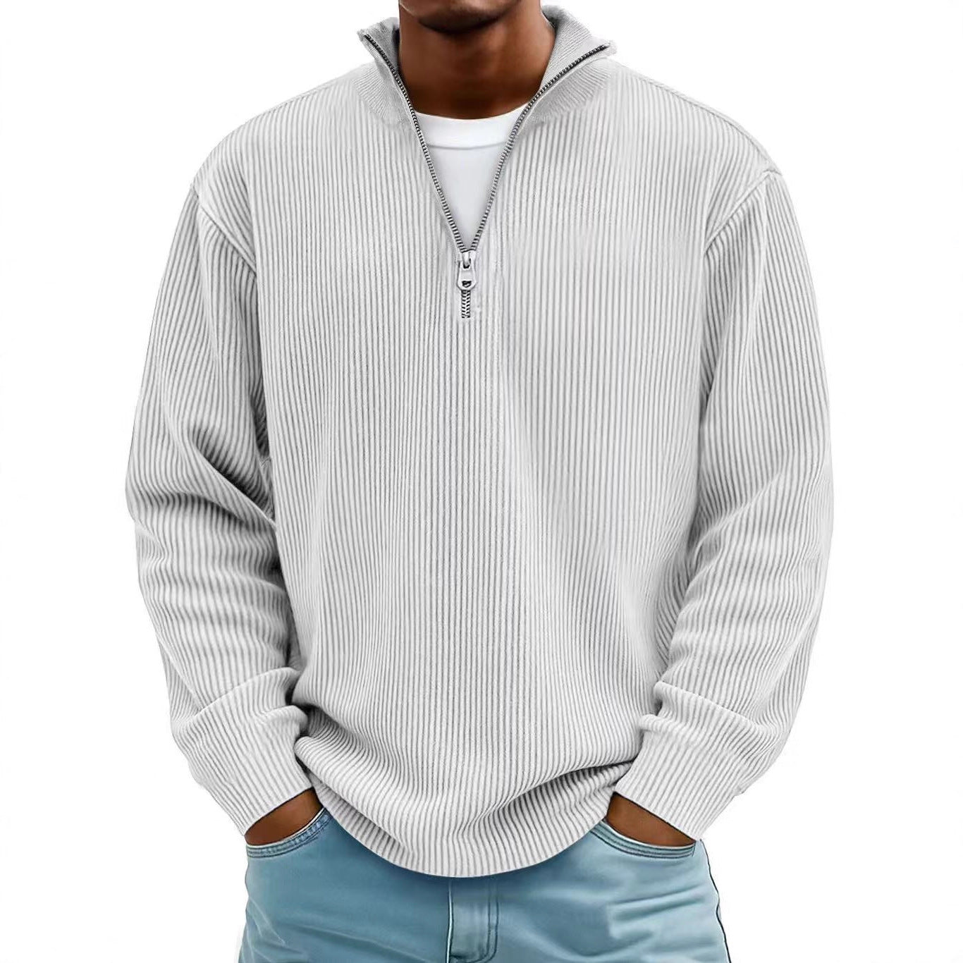 Corduroy Zipper Stand Collar Sweatshirt Fashion Warm Solid Color Long Sleeve Top Men's Casual Polo Shirt Clothing