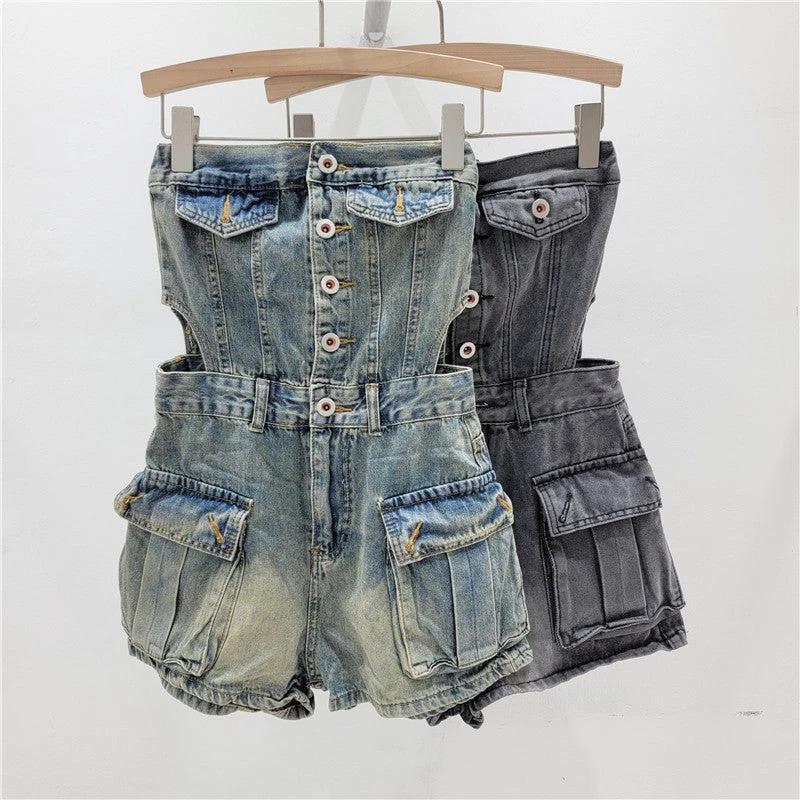 Hot Girl Breasted Hollow-out Midriff Tube Top Cowboy Siamese Shorts For Women