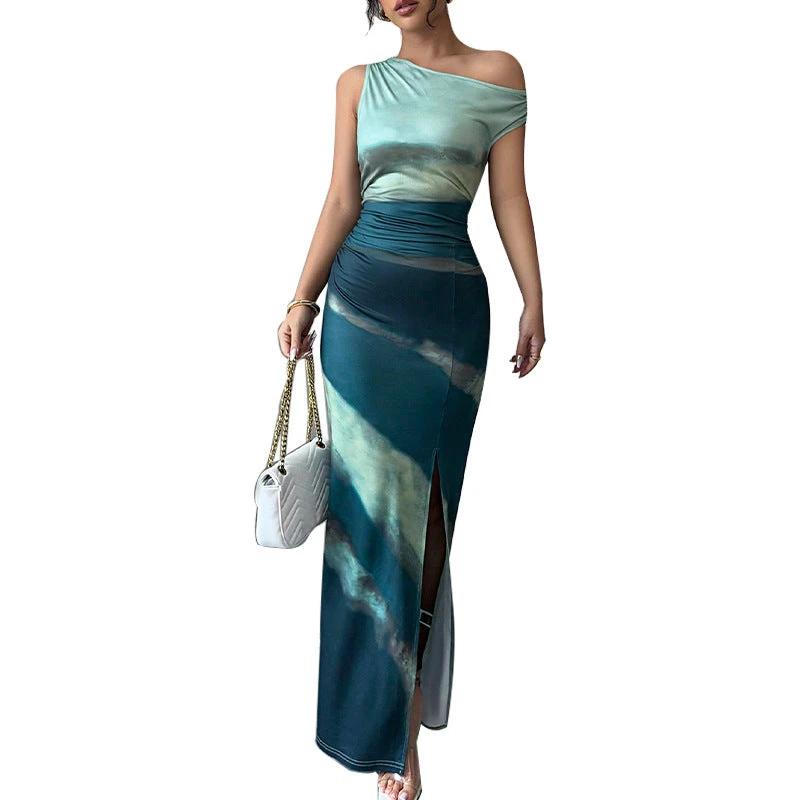 European And American Contrast Color Slim Fit Dress Slant Shoulder