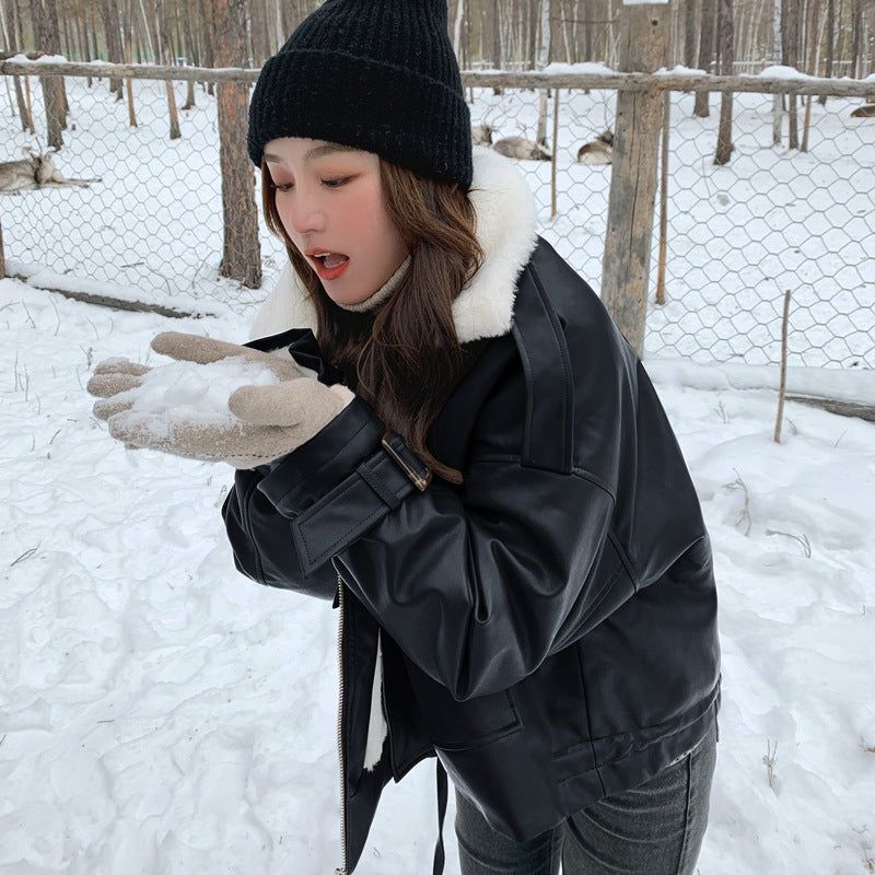 Light Brown Lapel Small Rabbit Fur Thick Loose Short Leather Jacket