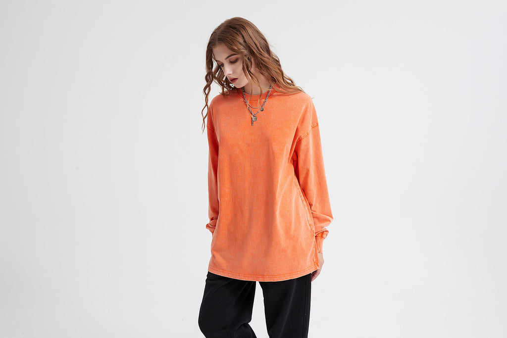 Wax Dye Long Sleeved T Autumn Winter Solid Color Washed Sweatshirt