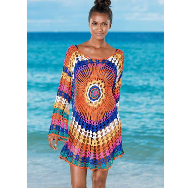 Crocheted Hollow Out Cutout Blouse Beach Knitted Blouse Long Sleeve Vacation Clothes Bikini Rainbow Sun Protection Clothing Crochet hook
