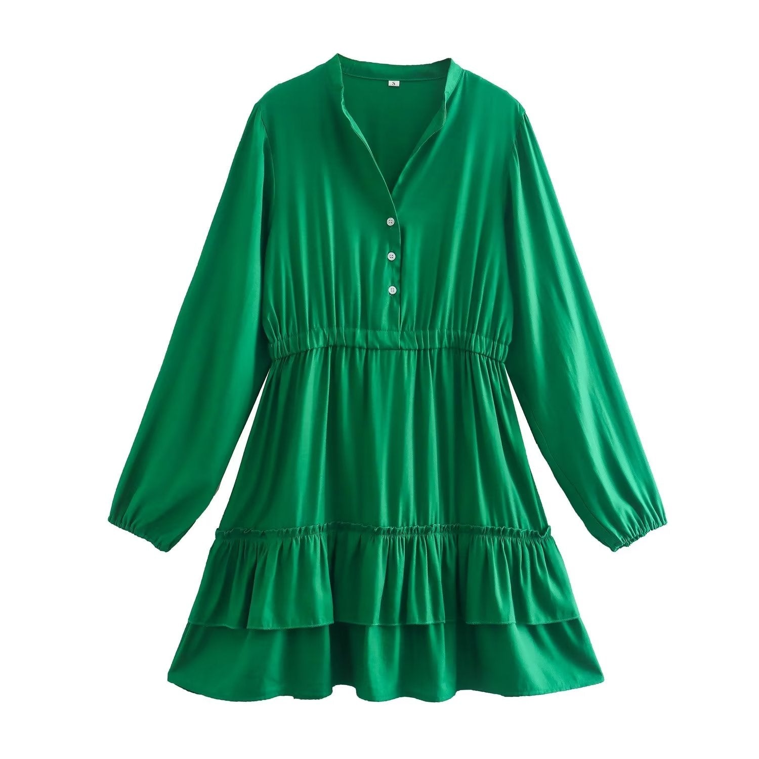Winter Women Clothing Stand Collar Solid Color Double Fold Ruffled Laminated Long Sleeve Dress