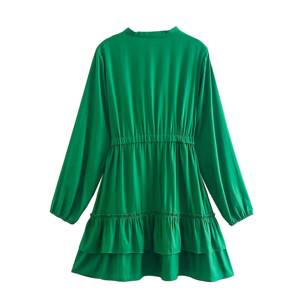 Winter Women Clothing Stand Collar Solid Color Double Fold Ruffled Laminated Long Sleeve Dress