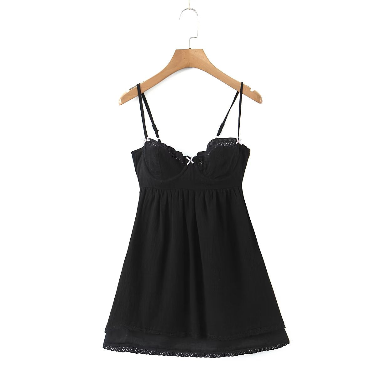 Fall Women Clothing Black Lace Panel Cotton Strap Mini Dress
