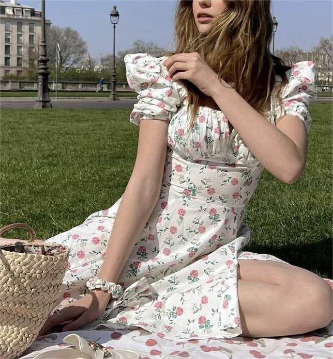 Women Clothing Square Collar Short Sleeve Printed High Waist Slimming Dress