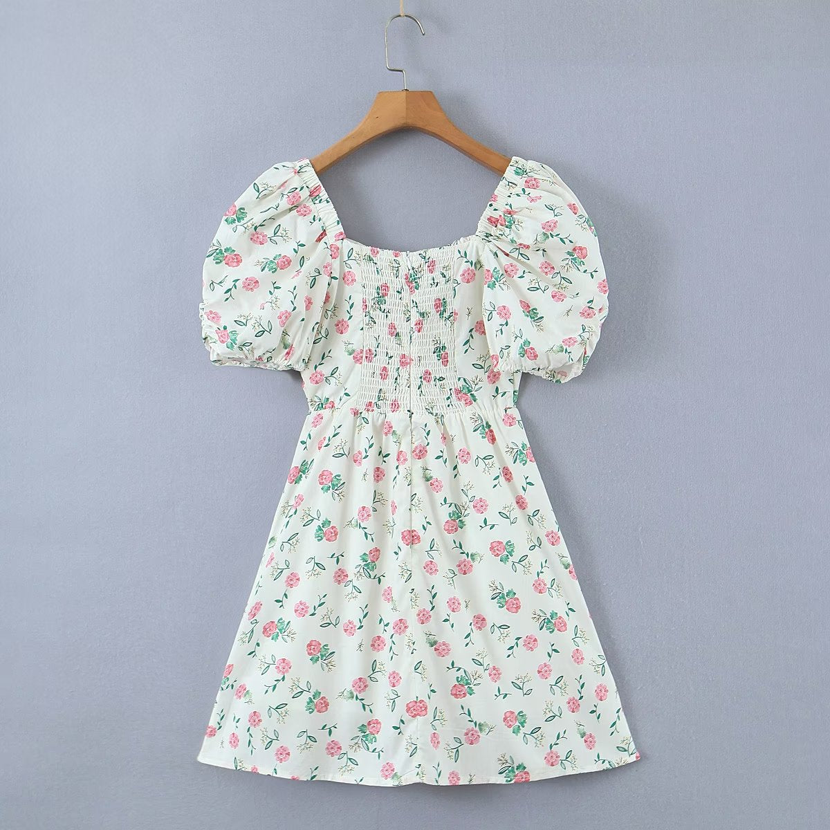 Women Clothing Square Collar Short Sleeve Printed High Waist Slimming Dress