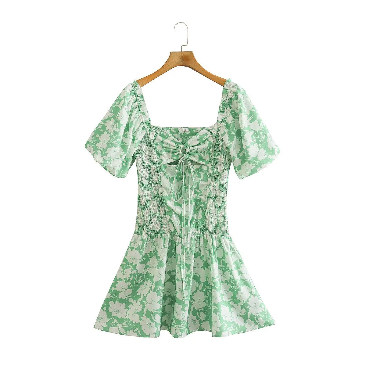 Winter Fresh Square Collar Puff Sleeve Green Pleated Ruffled Dress for Women