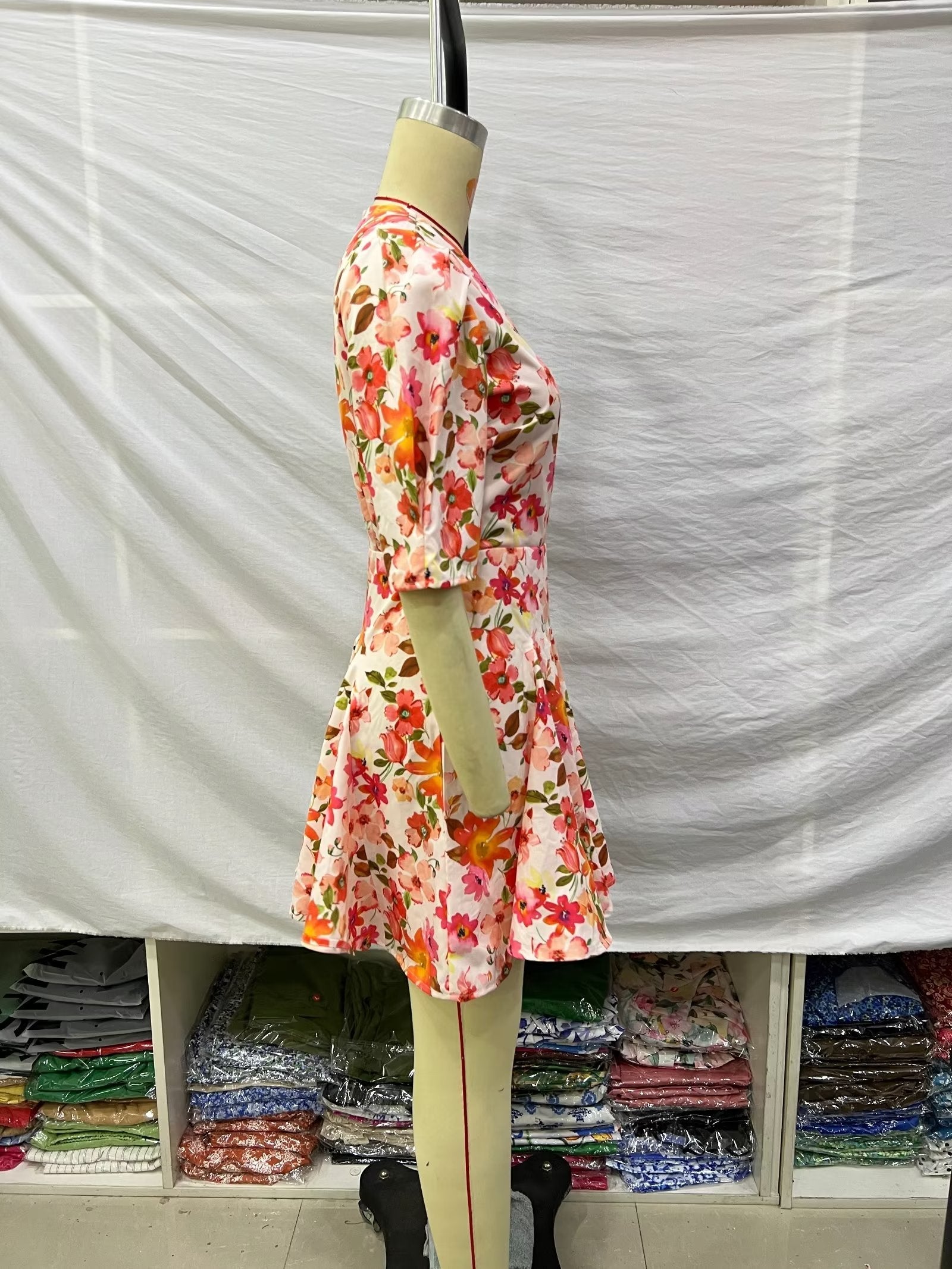 Spring Women Clothing Puff Sleeves Series Belt Floral Dress