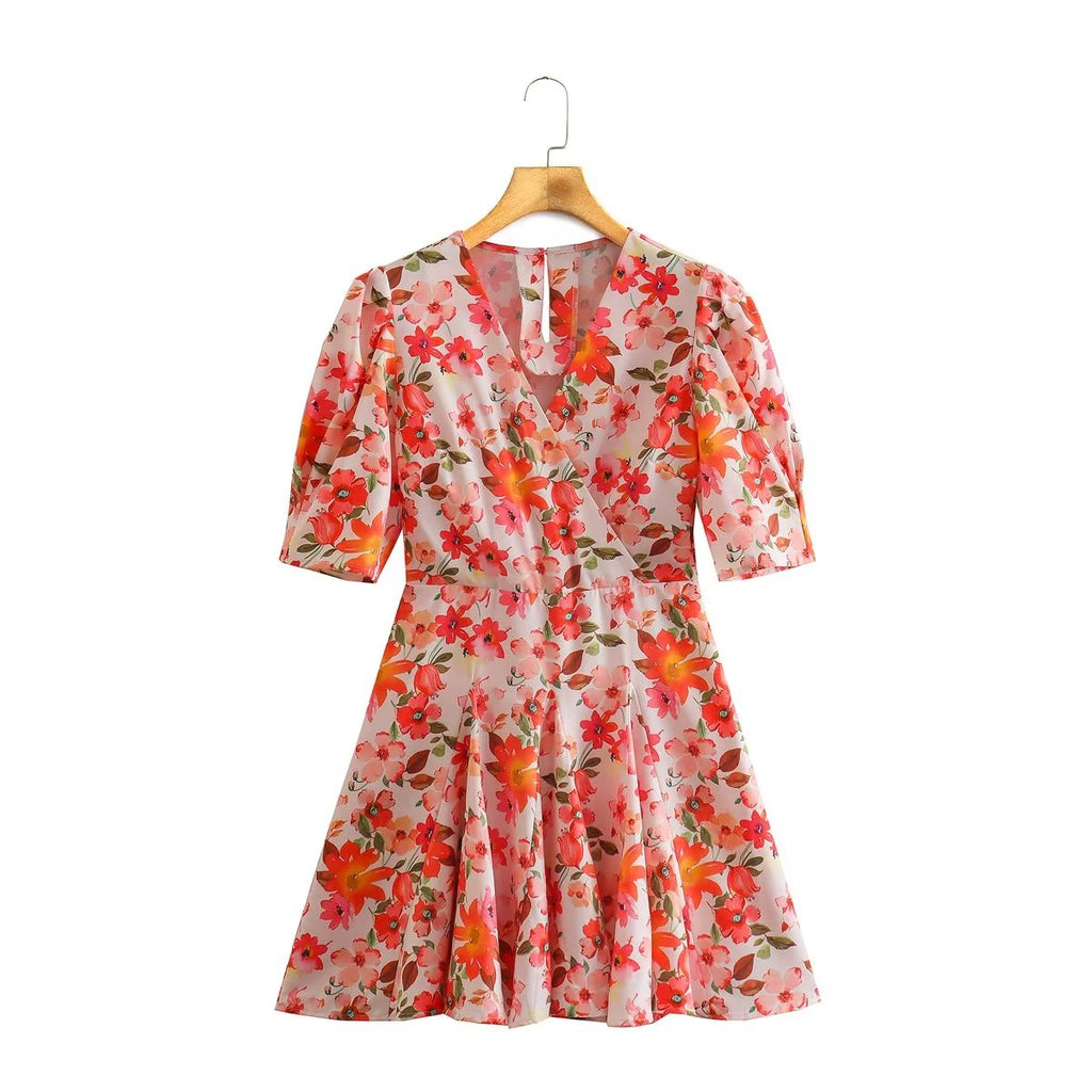 Spring Women Clothing Puff Sleeves Series Belt Floral Dress