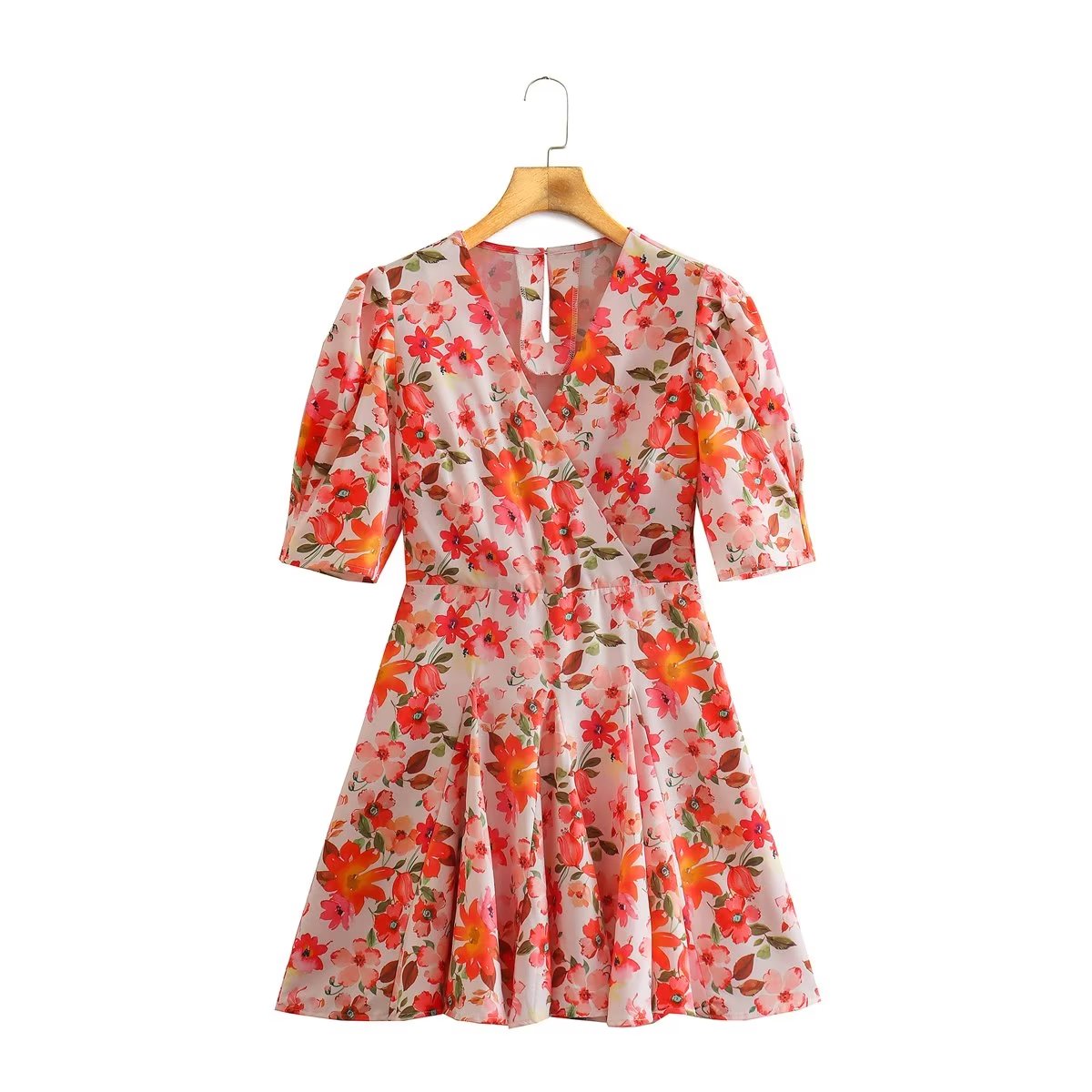 Spring Women Clothing Puff Sleeves Series Belt Floral Dress