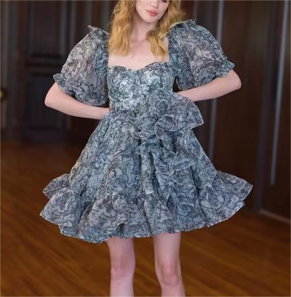 Fashionable Floral Dress Women Summer Trendy Court Puff Sleeve Waist Slimming