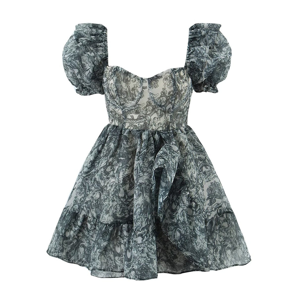Fashionable Floral Dress Women Summer Trendy Court Puff Sleeve Waist Slimming