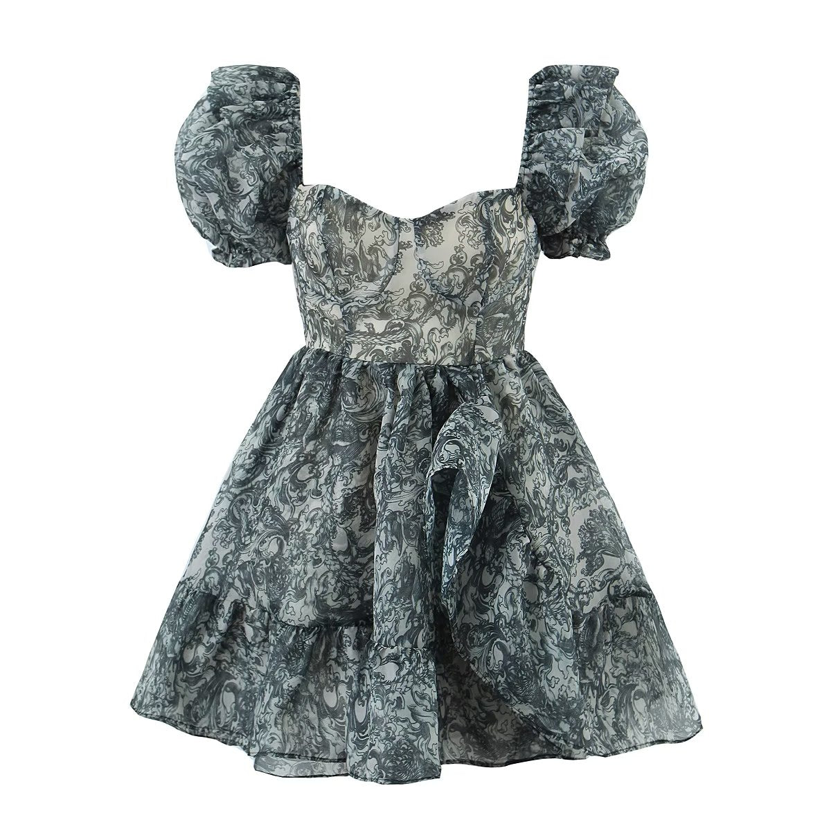 Fashionable Floral Dress Women Summer Trendy Court Puff Sleeve Waist Slimming
