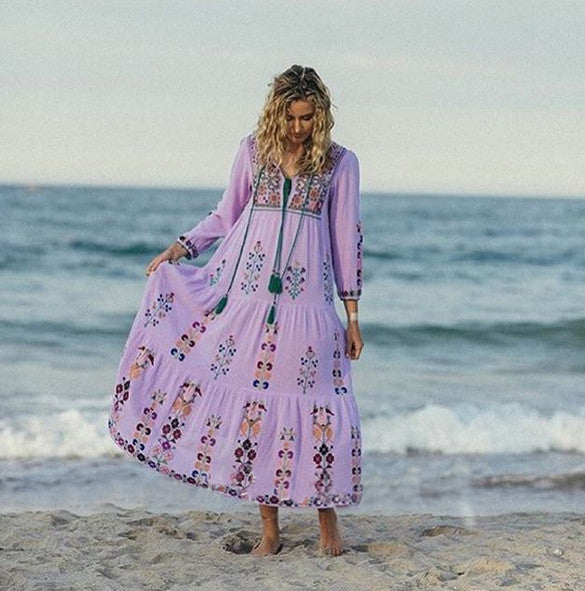 Women Summer Long Bohemian Folk Holiday Embroidered Lantern Sleeve Cake Tracing Long Dress