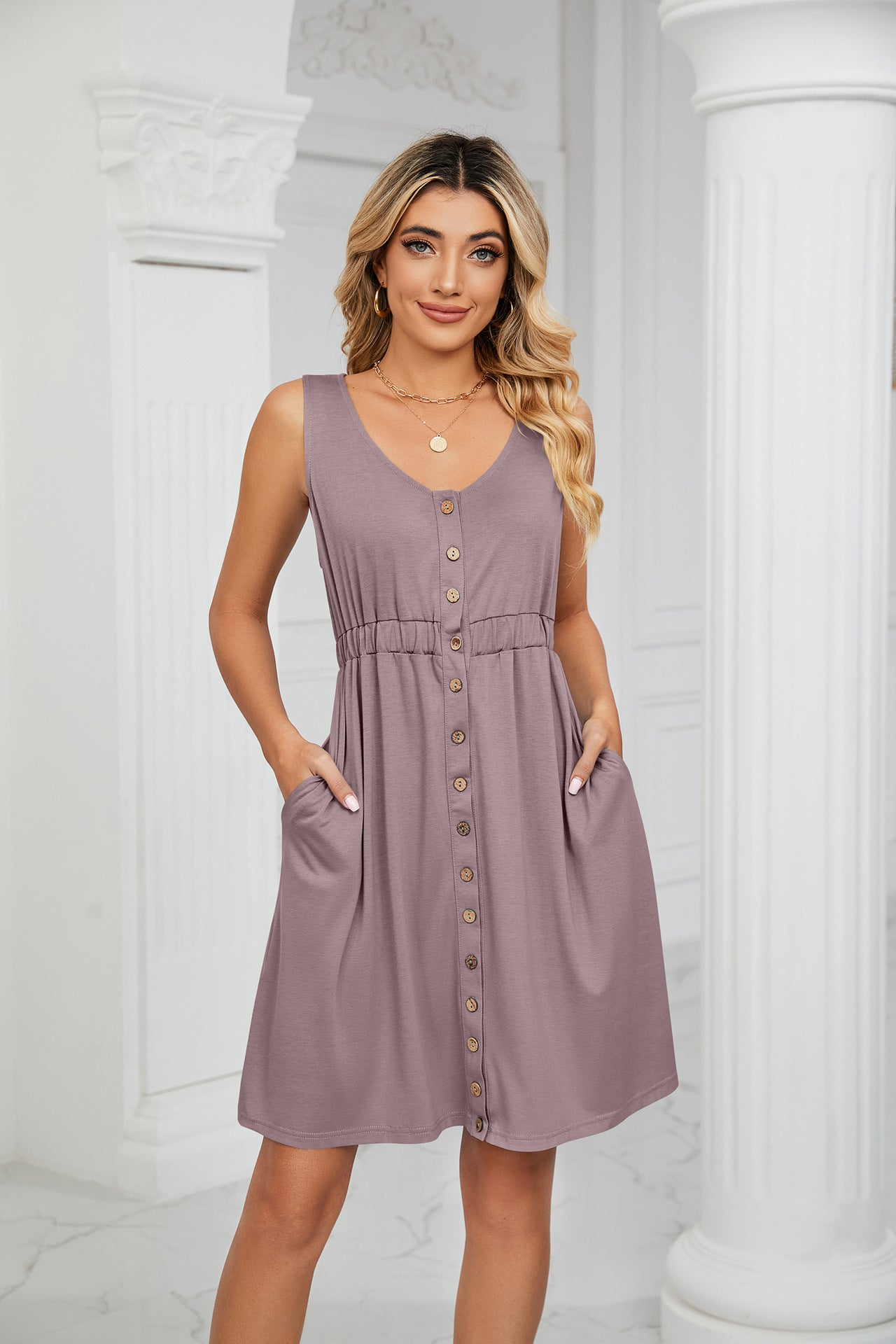 Spring Summer Solid Color Sleeveless Button Pocket Crew Neck Split Waist Dress