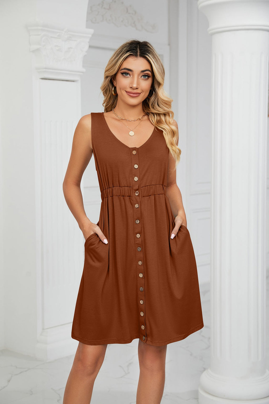 Spring Summer Solid Color Sleeveless Button Pocket Crew Neck Split Waist Dress