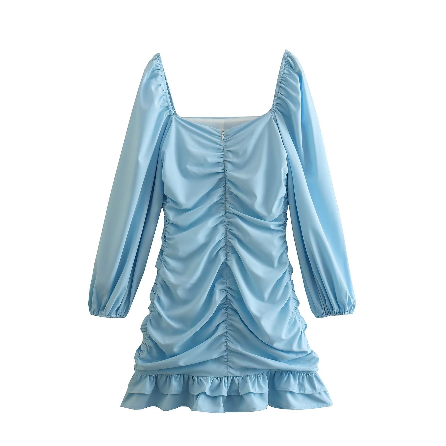 Spring Women Clothing Solid Color Square Collar Pullover Pleated Long Sleeve Short Dress