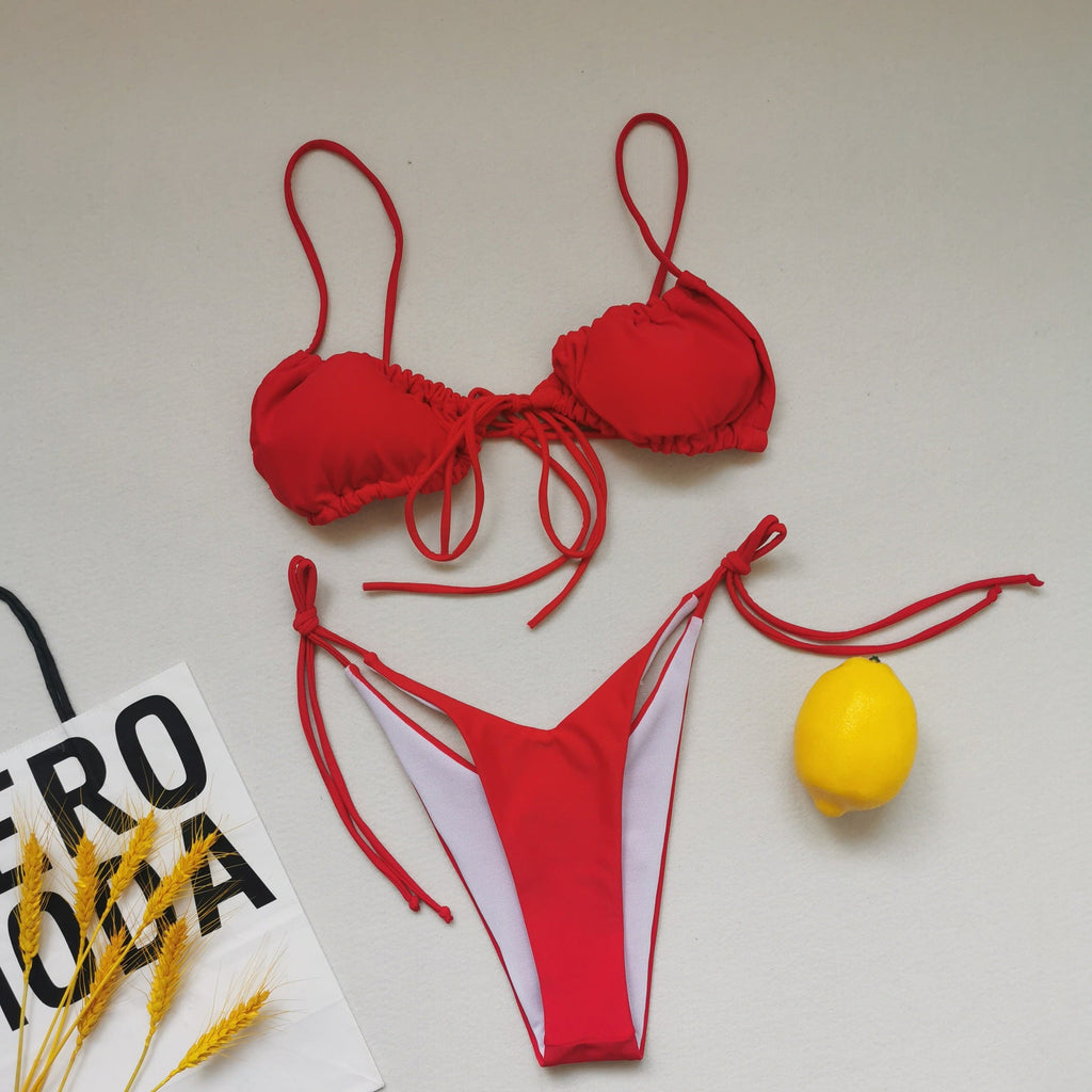 Sling Bandage Swimsuit Women Pleated Push up Drawstring Sexy Solid Color Bikini Swimsuit