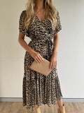Leopard Print V neck Short Sleeve Belt Pleated Dress for Women
