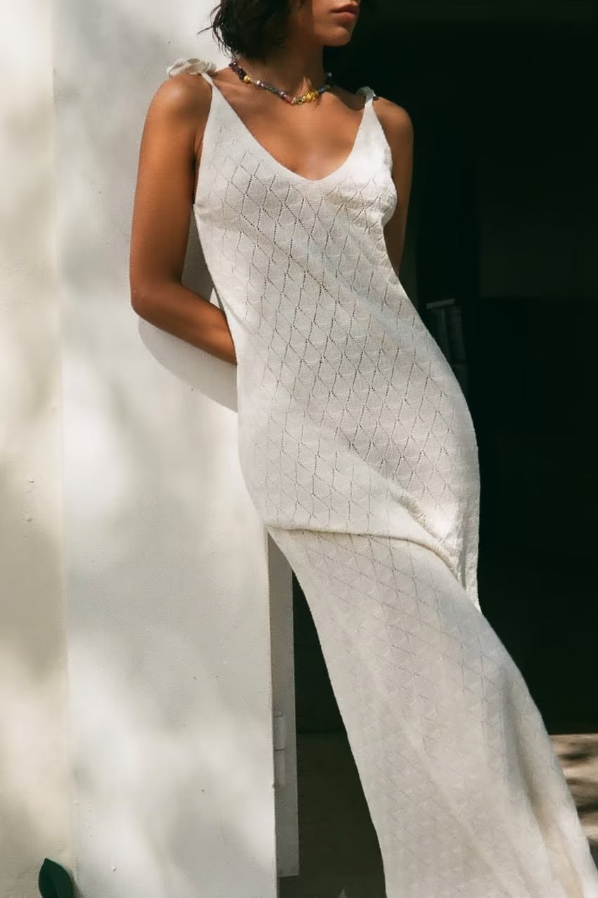 Spring Women Clothing V neck Mid Length Hollow Out Cutout Knitted Tie Strap Dress for Women