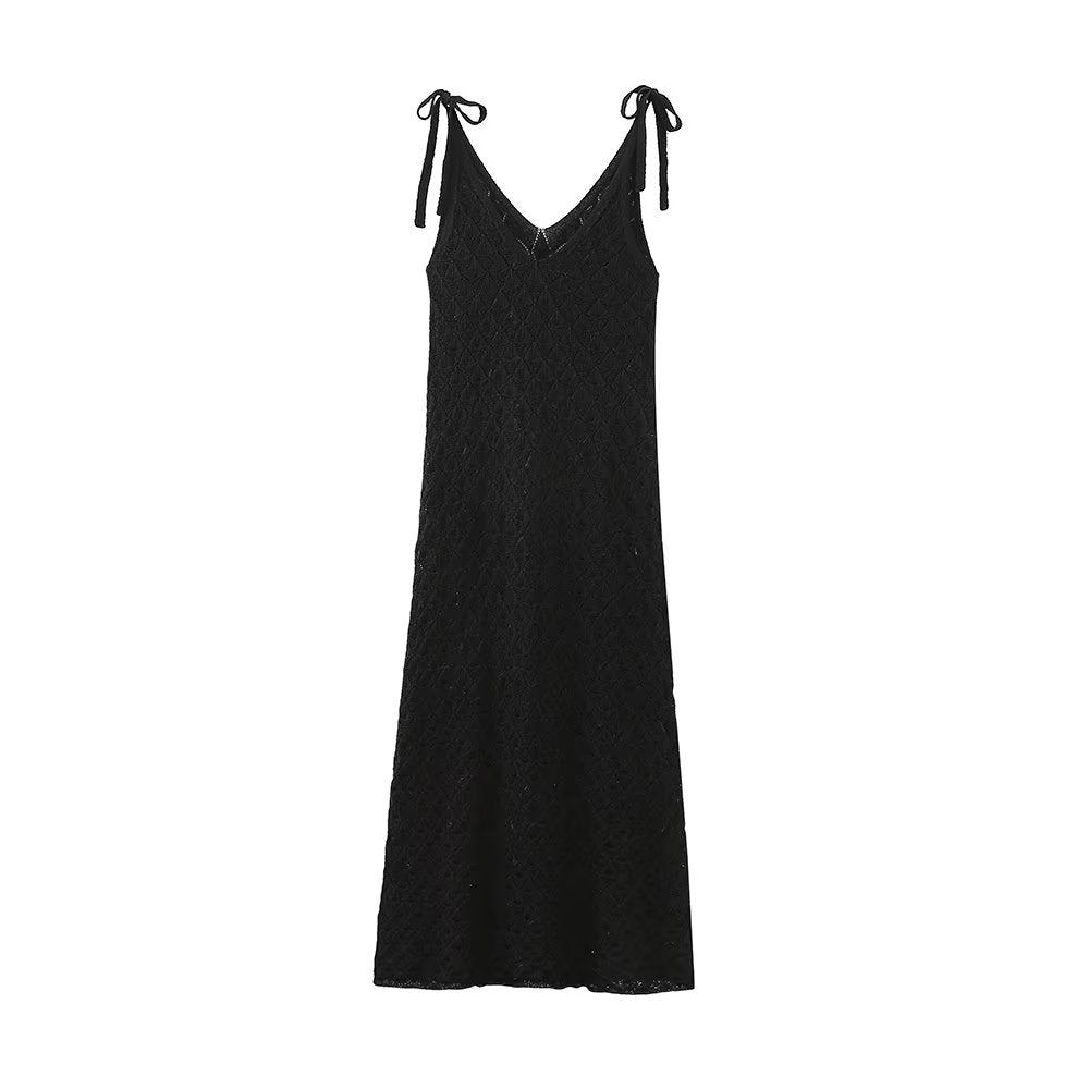 Spring Women Clothing V neck Mid Length Hollow Out Cutout Knitted Tie Strap Dress for Women