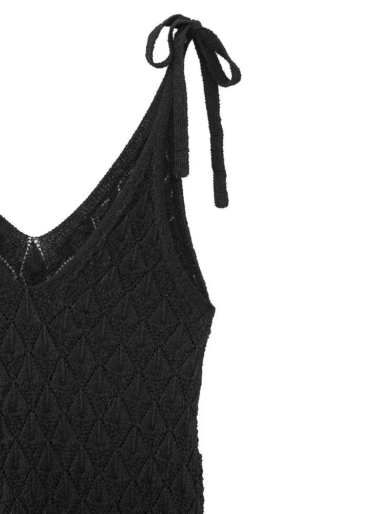 Spring Women Clothing V neck Mid Length Hollow Out Cutout Knitted Tie Strap Dress for Women