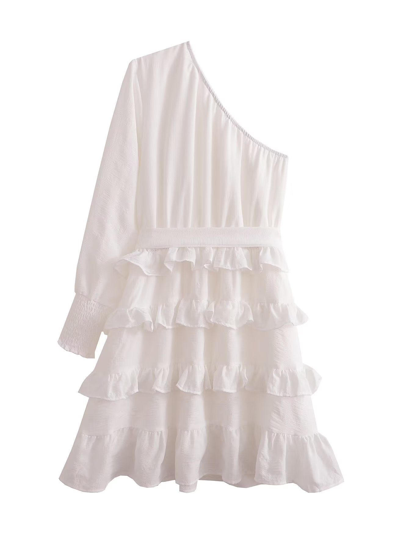 Women Spring Fall Texture Diagonal Shoulder Tiered Dress Diagonal Collar