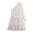 Women Spring Fall Texture Diagonal Shoulder Tiered Dress Diagonal Collar