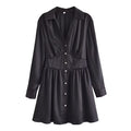 Autumn Women Black Satin Collared Long Sleeve Jewelry Fastener Decoration Shirt Dress