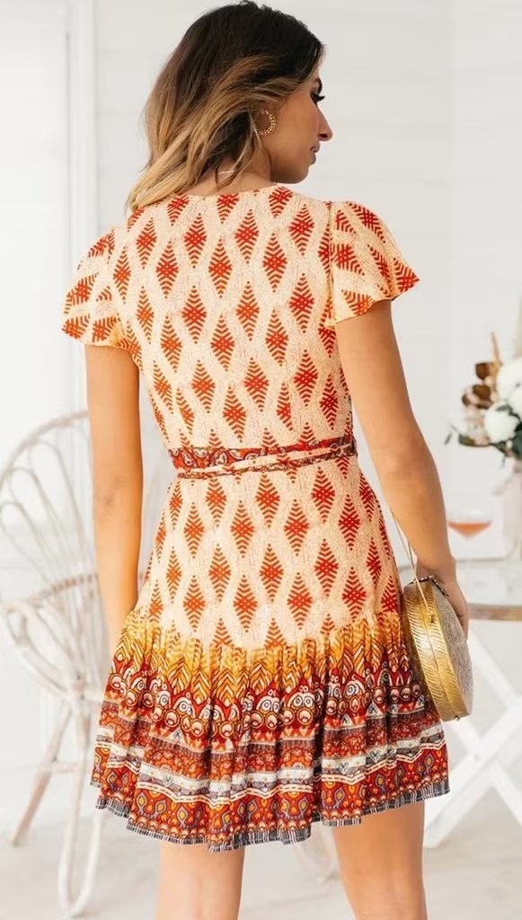 Women Printed Fresh High Waist Short Sleeve Dress