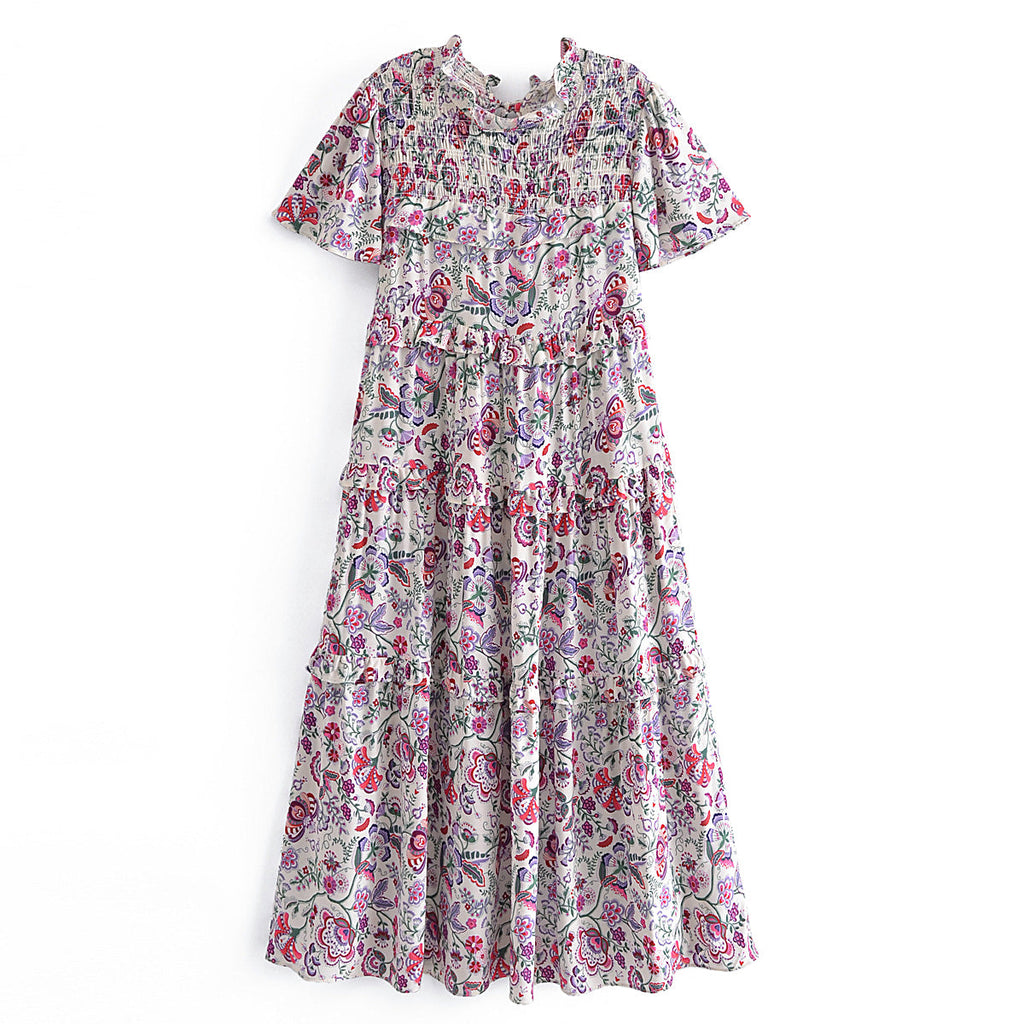 Ruffled Sleeve Waist Dress V neck Printed Tiered Dress