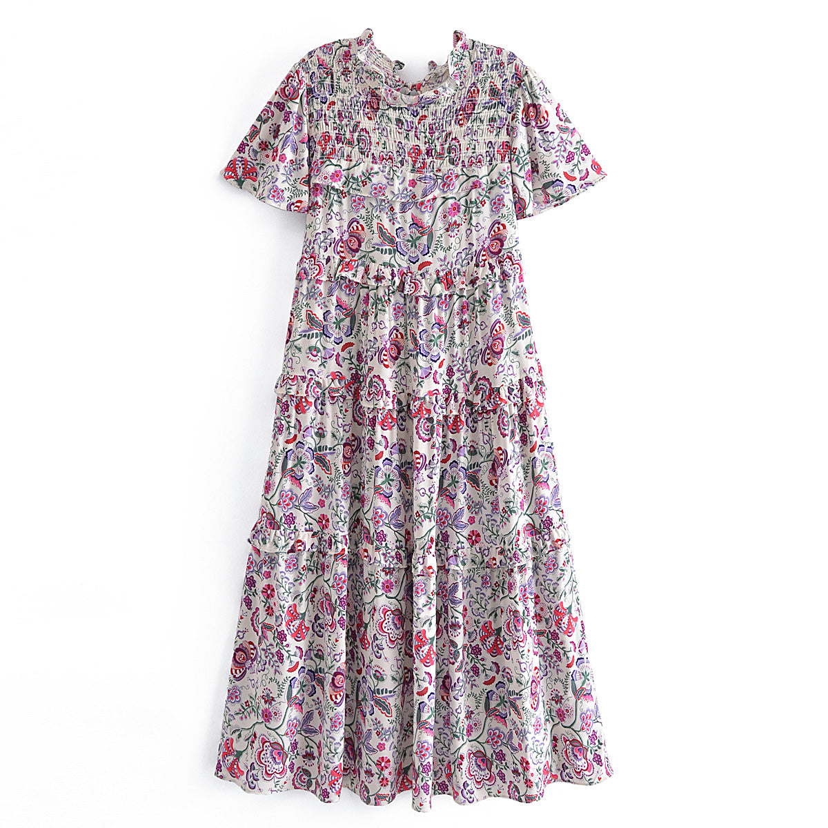Ruffled Sleeve Waist Dress V neck Printed Tiered Dress