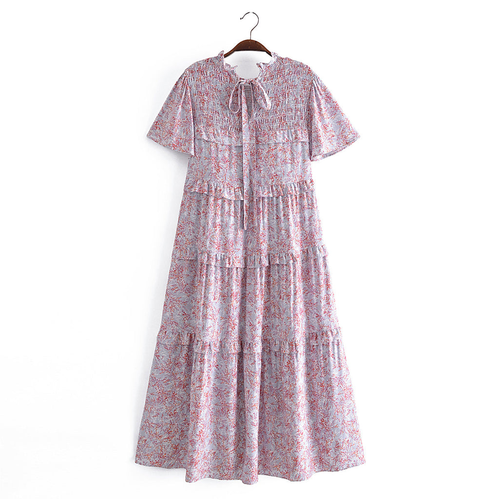 Autumn Women Printed Lace up Elastic Tiered Dress