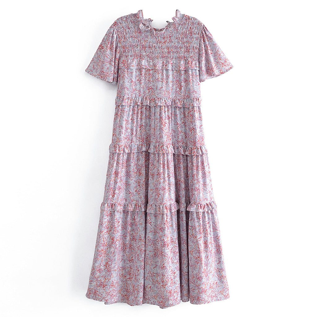 Autumn Women Printed Lace up Elastic Tiered Dress