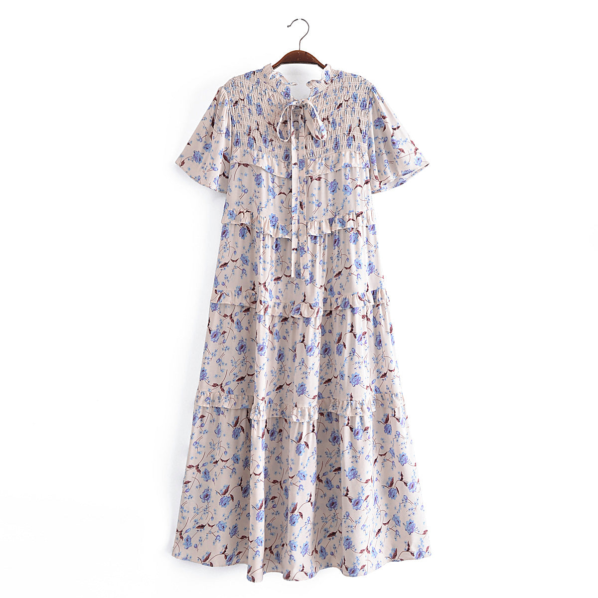 Summer Women Rayon Printed Elastic Tiered Dress Short Sleeve Dress Mid Length