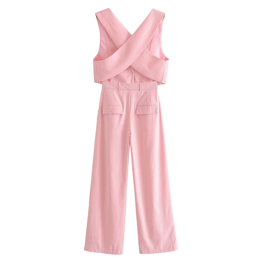 Women Clothing French All Match Decorated Row Button Vest Top Wide Leg Pants Suit Crisscross
