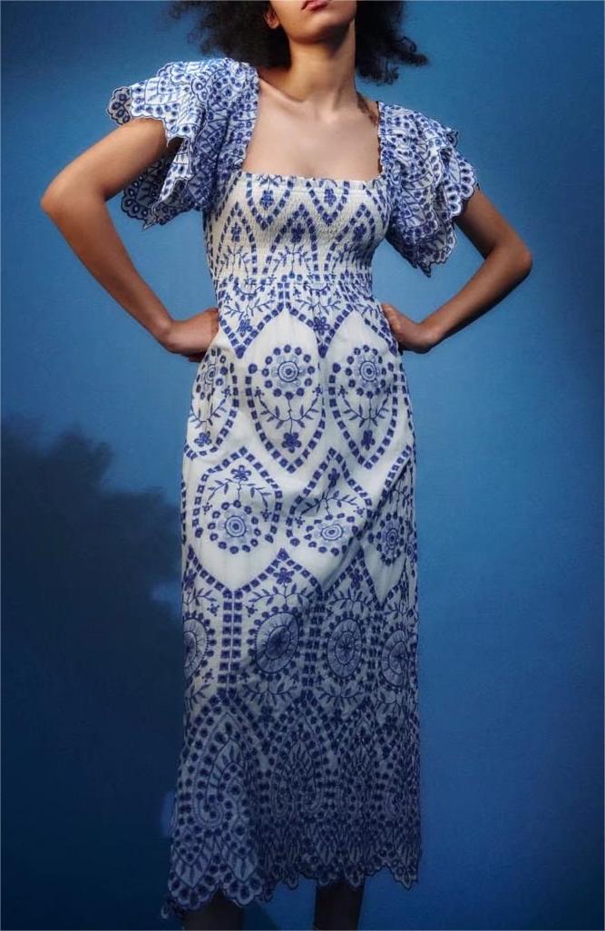 Summer Women Clothing Square Collar Embroidered Ruffled Sleeve Waist Slimming Dress Long Dress