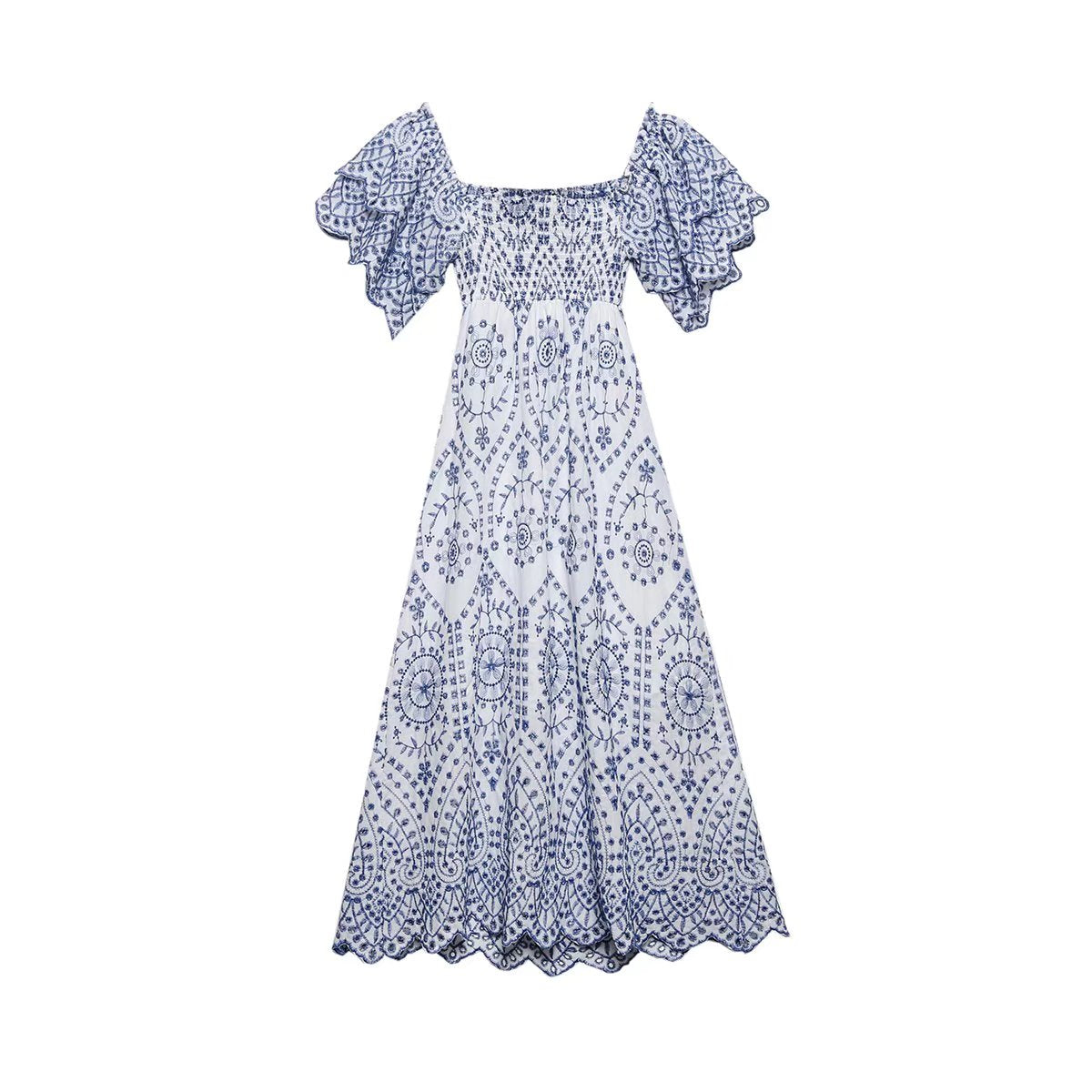 Summer Women Clothing Square Collar Embroidered Ruffled Sleeve Waist Slimming Dress Long Dress