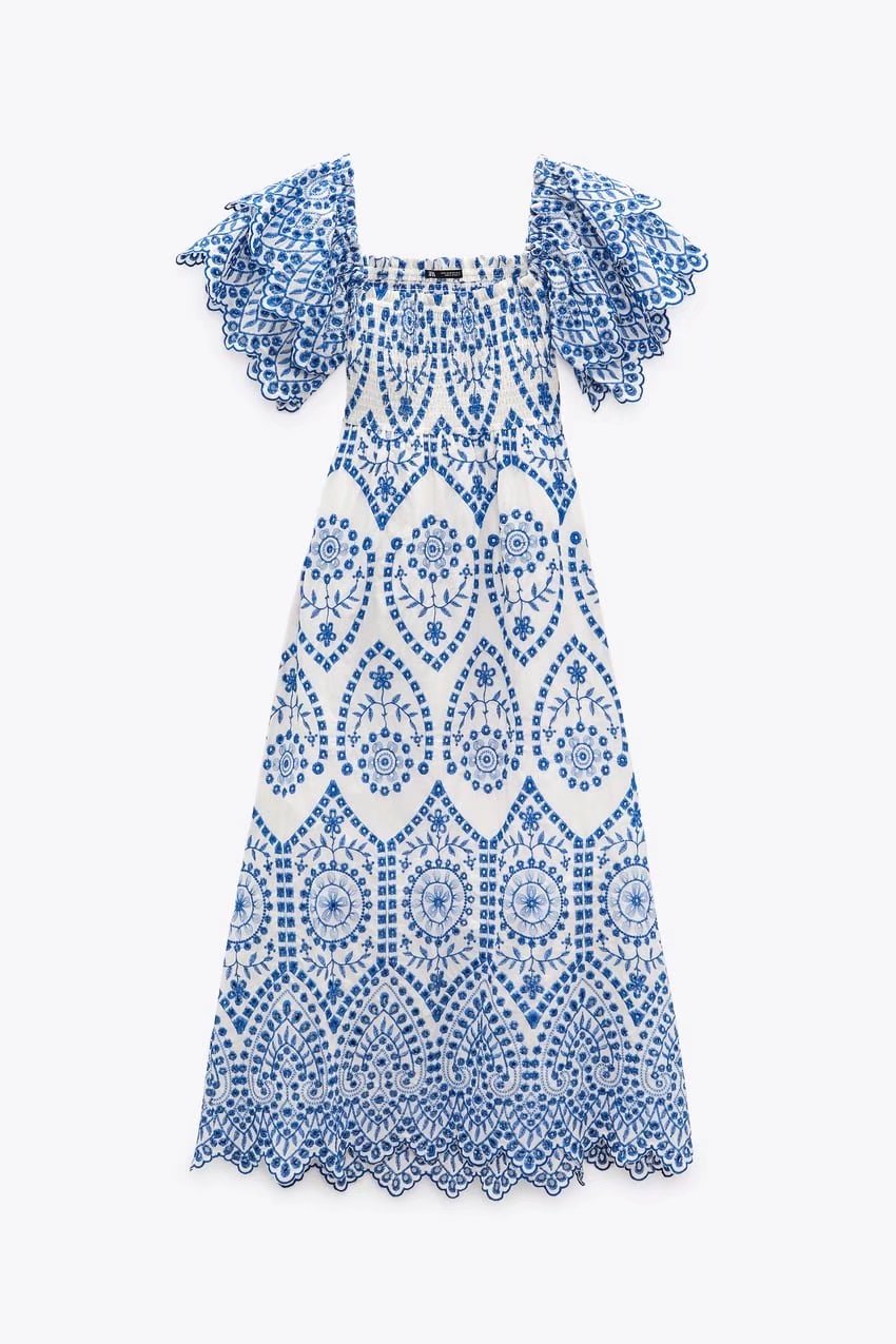 Summer Women Clothing Square Collar Embroidered Ruffled Sleeve Waist Slimming Dress Long Dress