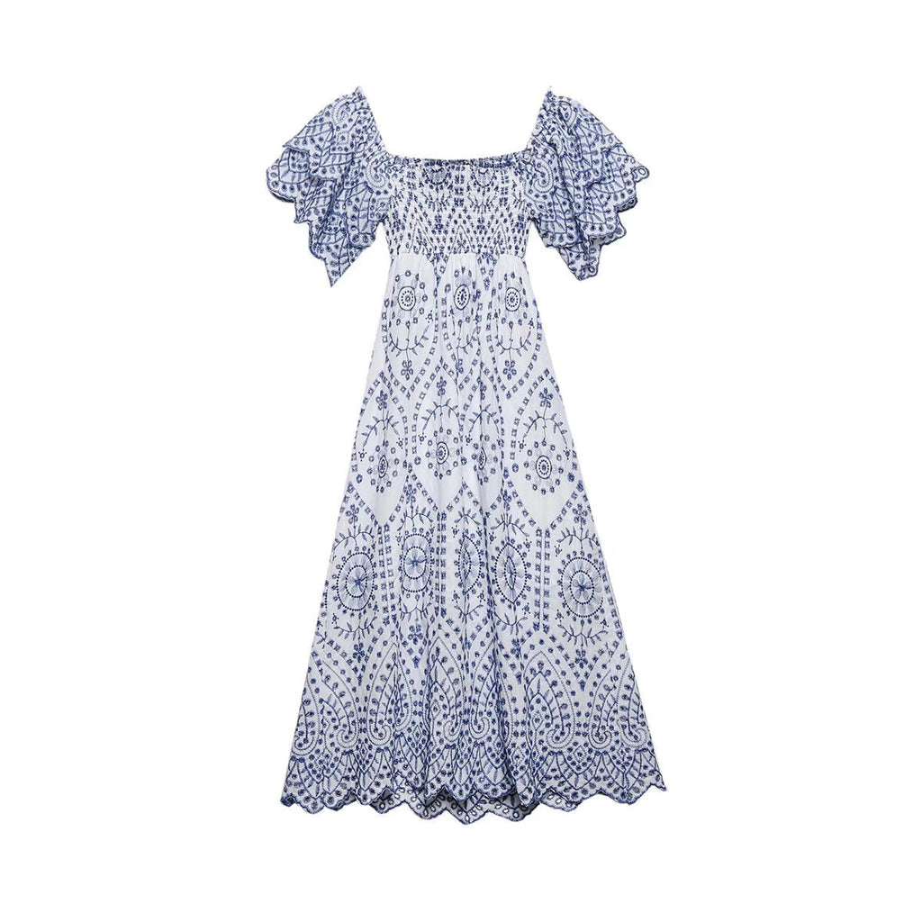 Summer Women Clothing Square Collar Embroidered Ruffled Sleeve Waist Slimming Dress Long Dress