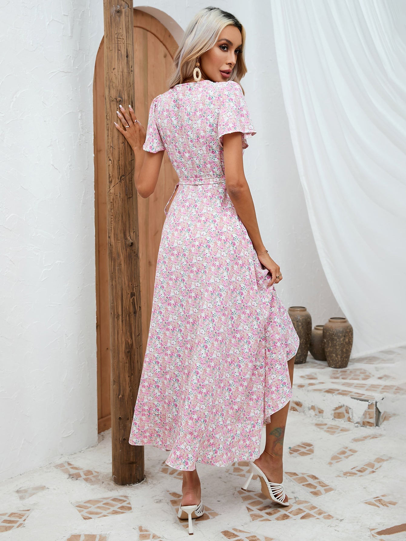Women New Summer Bohemian Ruffled V neck Irregular Strap Dress Seaside Beach Holiday Wrap Dress
