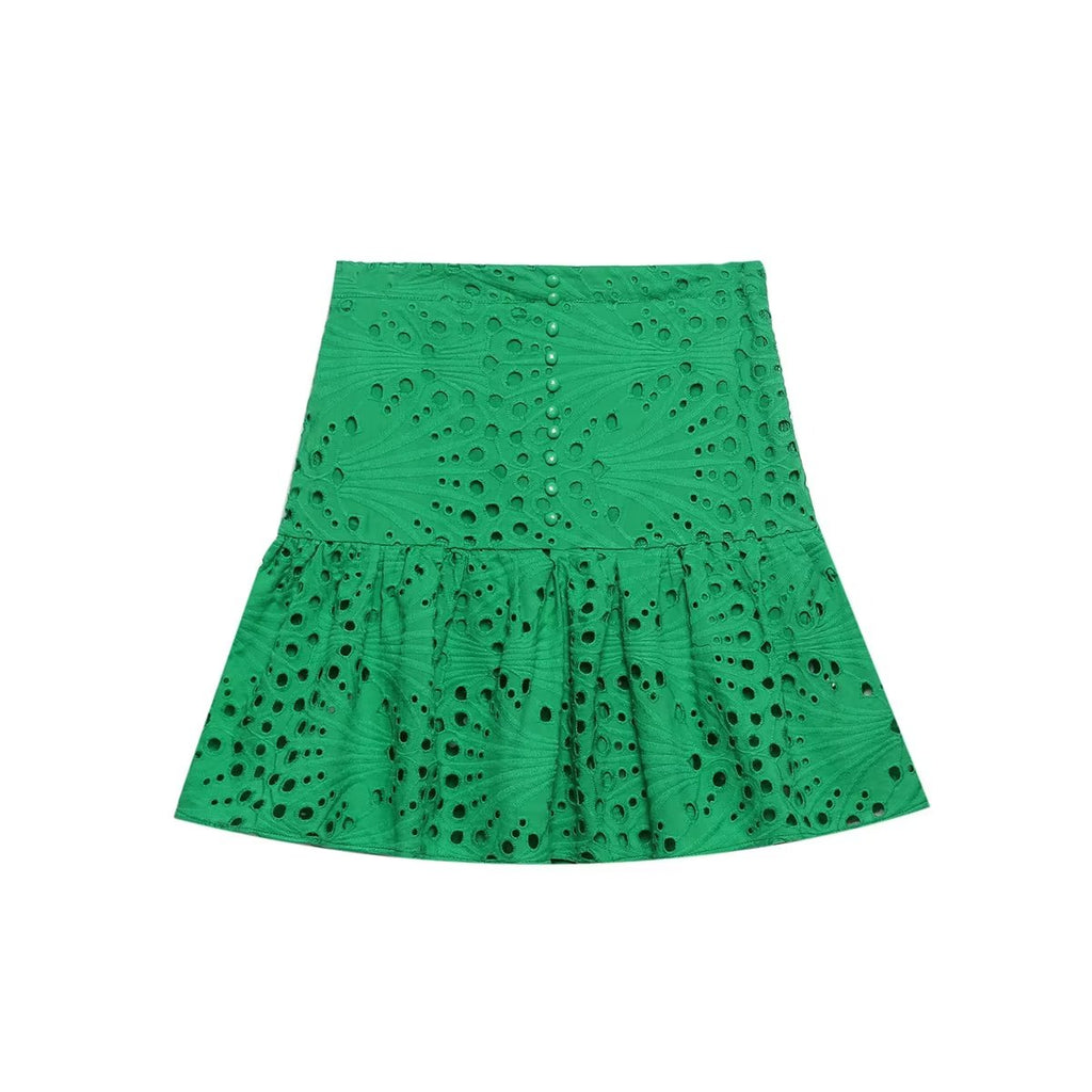 Women Clothing Embroidered Laminated Decoration Green Skirt
