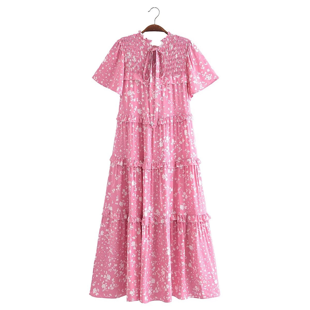 Women Clothing Printed V neck Lace up Short Sleeve Sexy Dress
