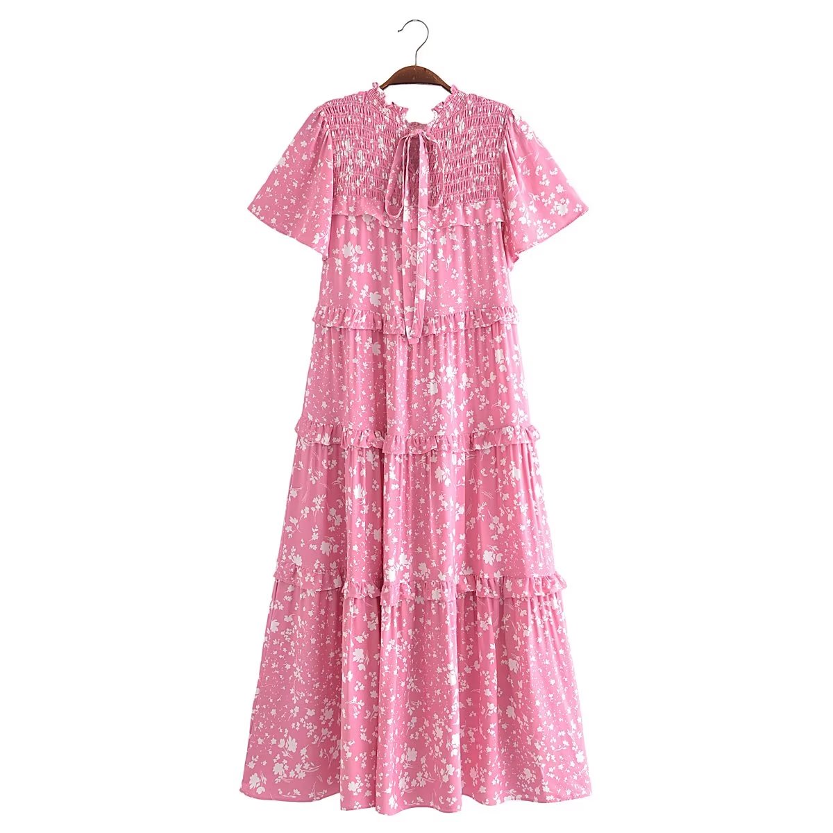 Women Clothing Printed V neck Lace up Short Sleeve Sexy Dress