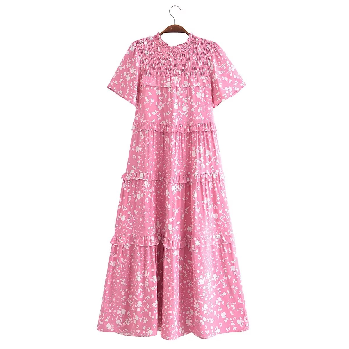 Women Clothing Printed V neck Lace up Short Sleeve Sexy Dress