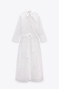 Women Embroidered Maxi Dress Spring Summer Blouse Collar Dress with Belt