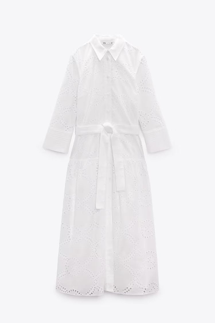 Women Embroidered Maxi Dress Spring Summer Blouse Collar Dress with Belt