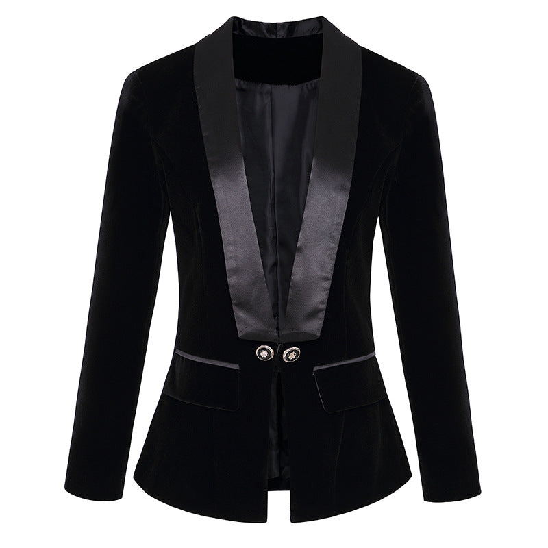 Autumn Winter Satin Green Fruit Collar Slim Velvet Blazer for Women