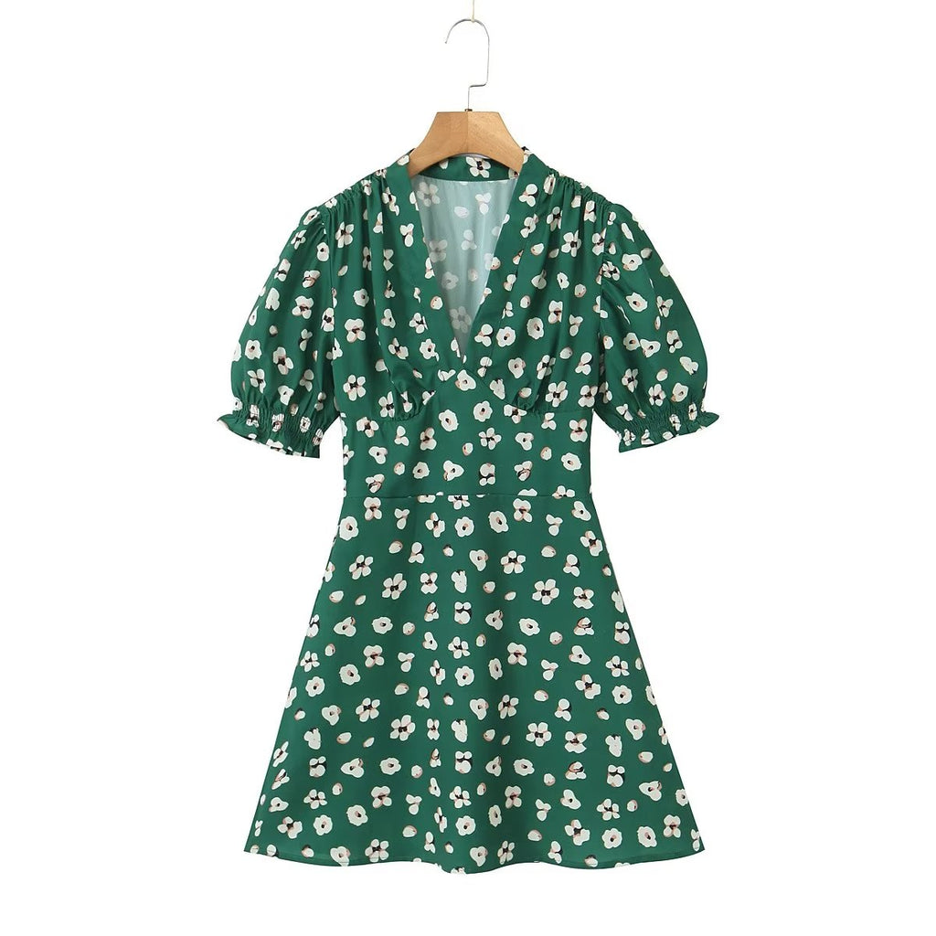 Green Shivering Short Sleeve Dress Women Summer Slim Fit V neck Slimming Tea Break